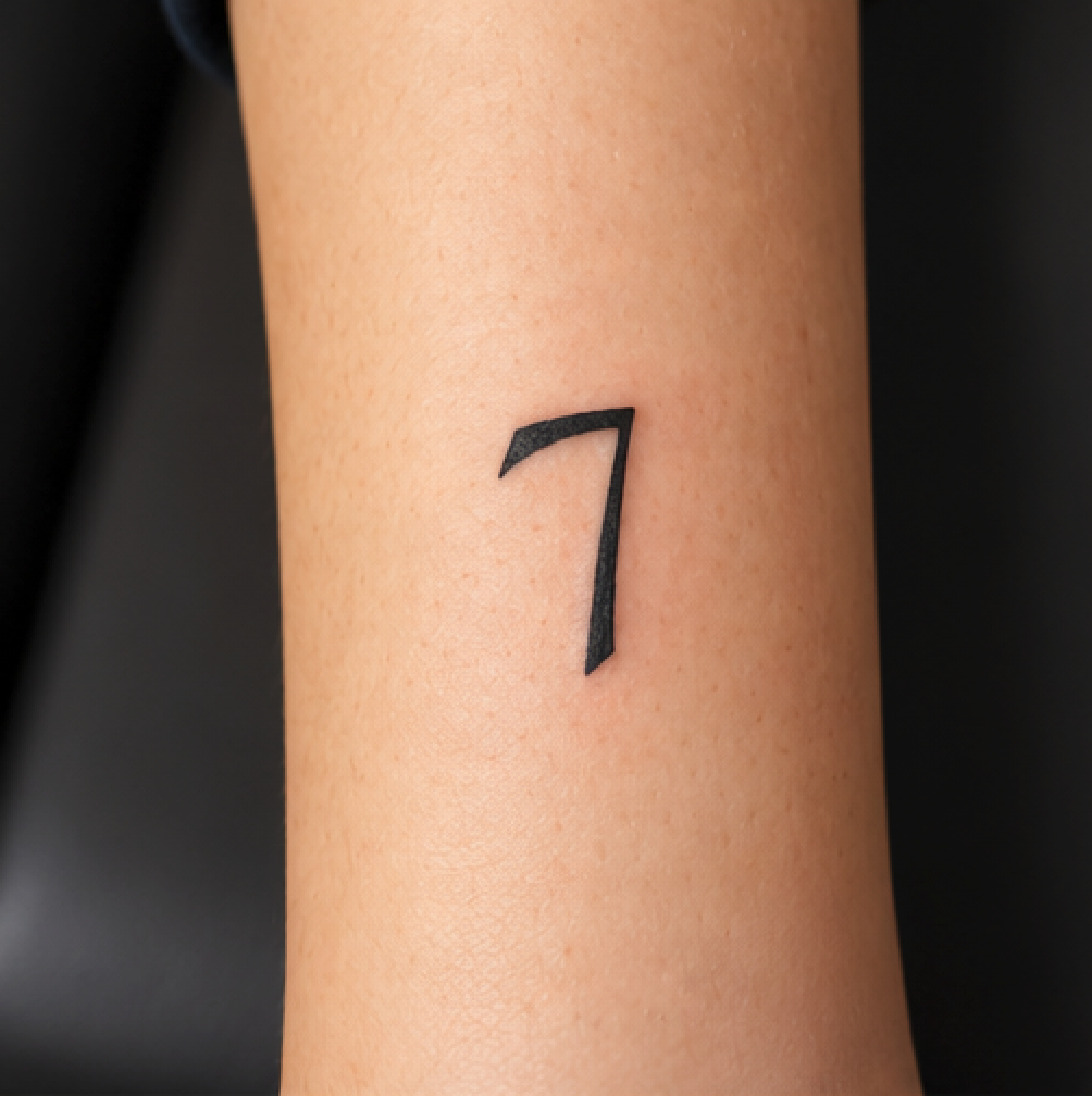Tatuaggio fineline Sette eseguito a linee sottili e precise da Mario Corallo a Milano