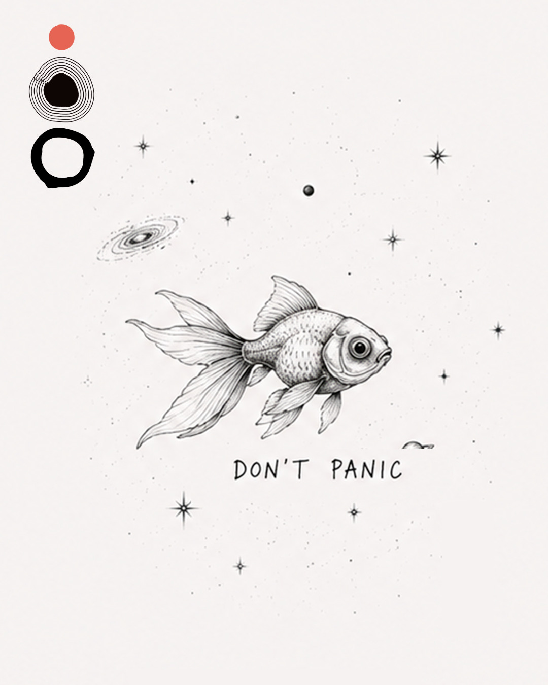 Pesce rosso nello spazio con scritta Dont Panic