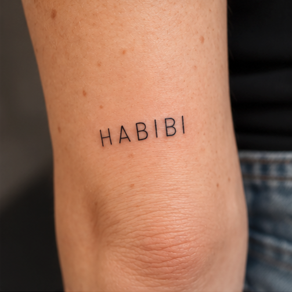Tatuaggio fineline Habibi eseguito a linee sottili e precise da Mario Corallo a Milano