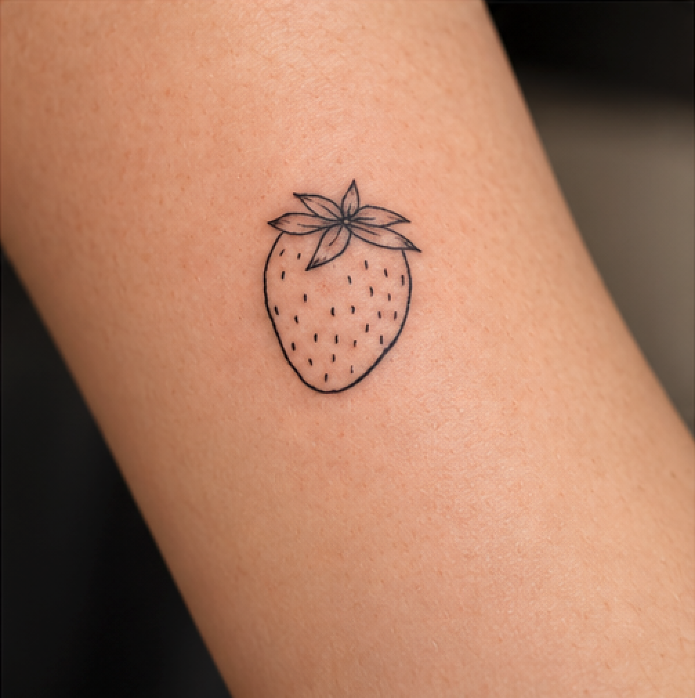 Tatuaggio fineline Fragola eseguito a linee sottili e precise da Mario Corallo a Milano