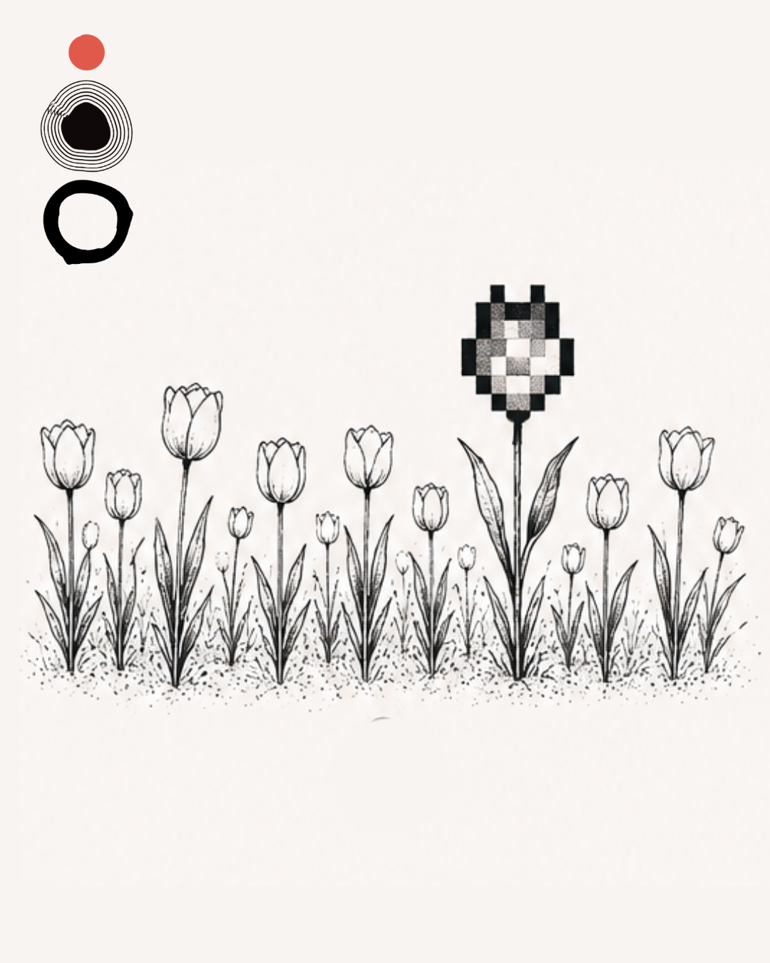 Fila di tulipani con uno in stile pixel